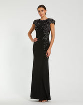 Black Cap Sleeve Jersey Column Gown With Beaded Flowers